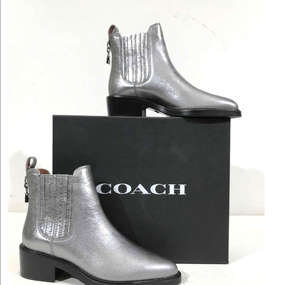 NIB Coach Bowery silver metallic leather booties size 5